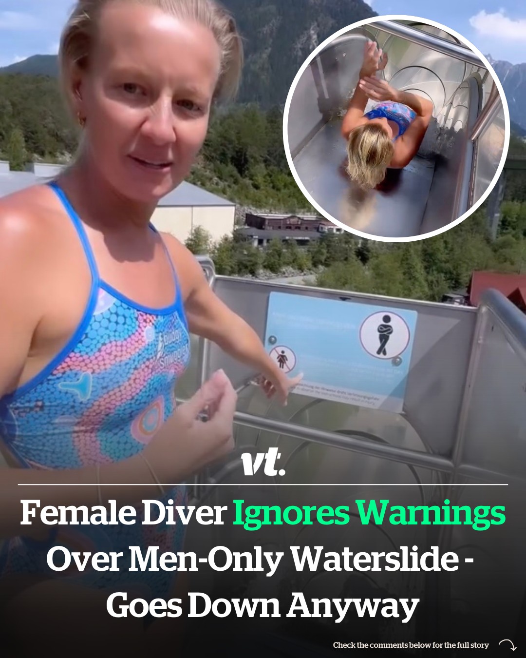 Read more about the article Female diver ignores warnings over men-only waterslide – goes down anyway