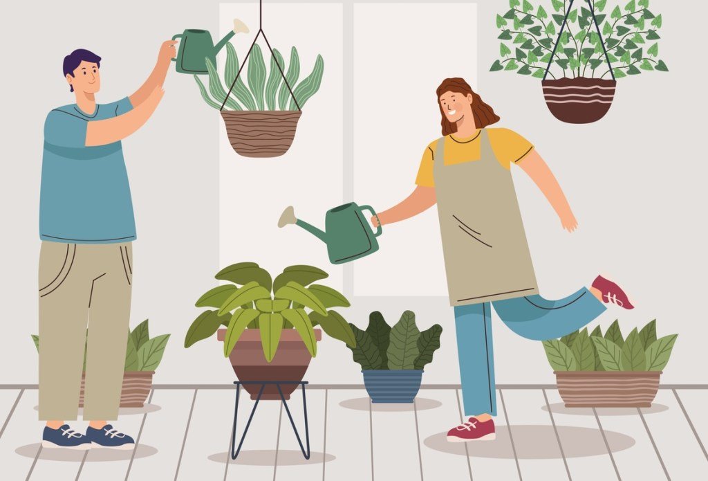 An illustration of two men watering plants 